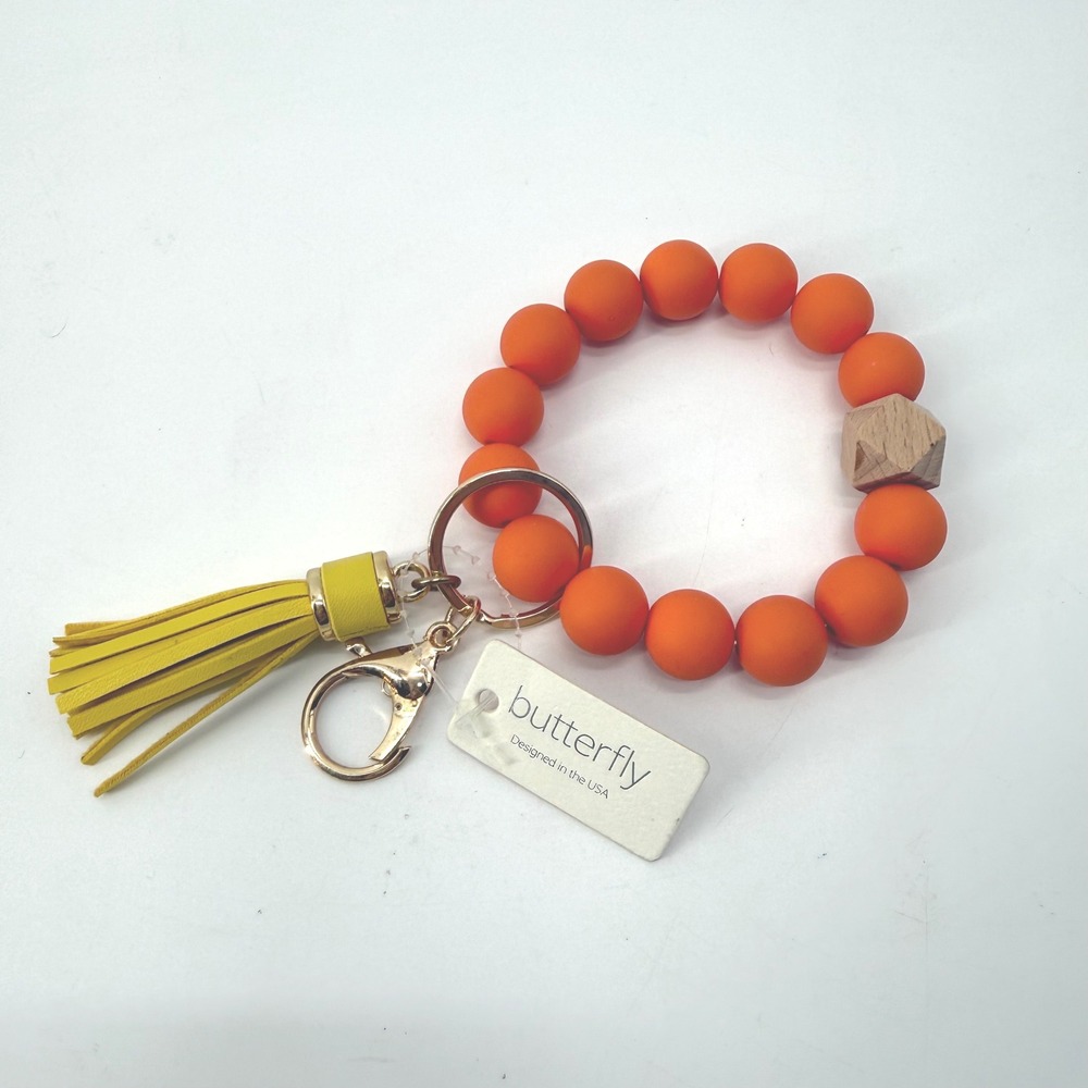 Butterfly‎ Silicone Beaded Keychain Bracelet Orange Wood Accent Tassel Gold Tone